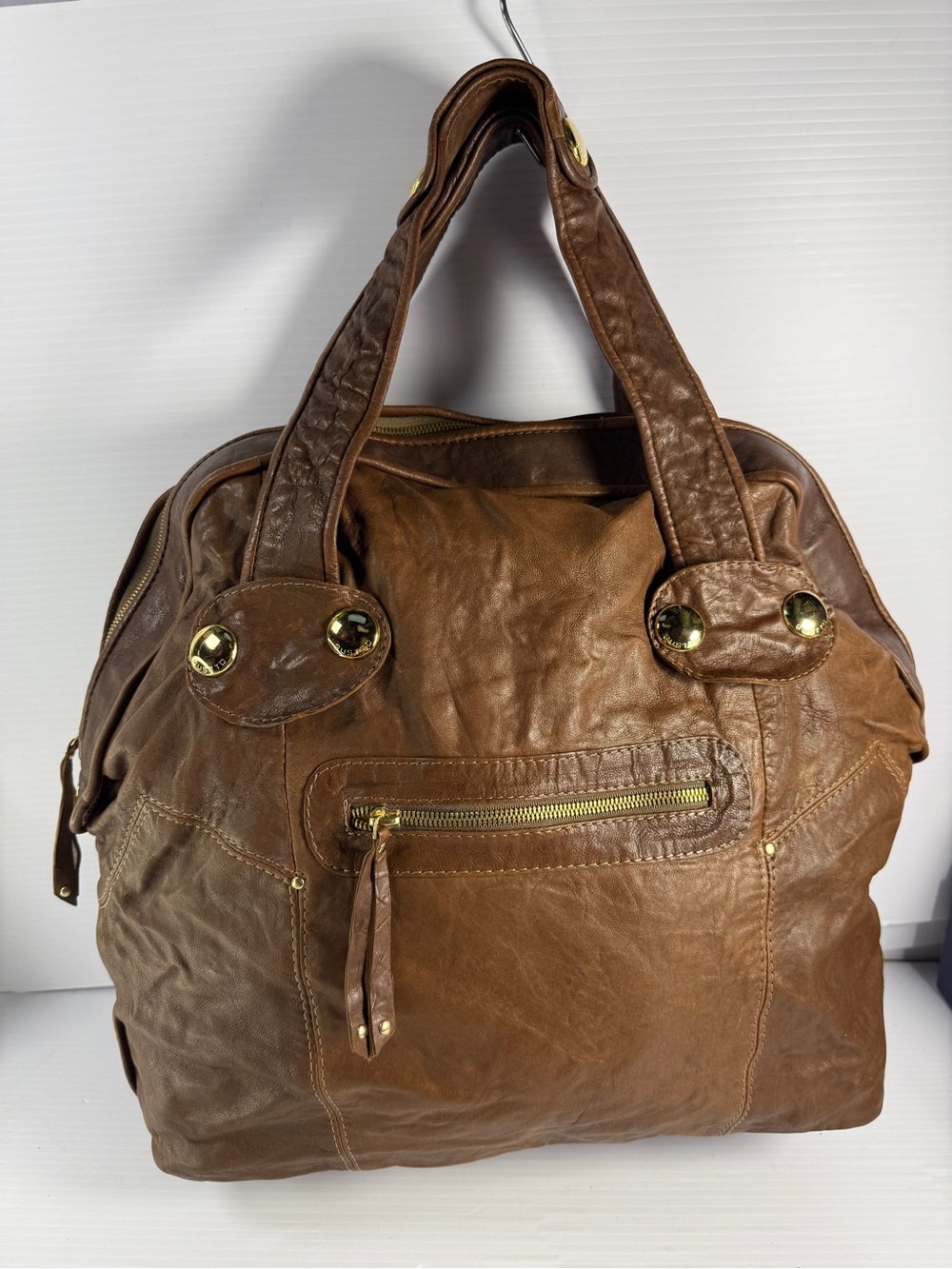 Gussto Sitella Brown Leather Shoulder Bag with Gold Accents